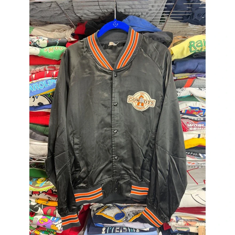 Vintage Oklahoma State University OSU Cowboys Satin Bomber Jacket Black Mens XL